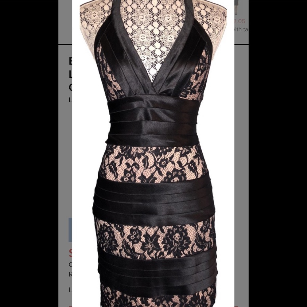 BCBG MaxAzria satin and lace bandage halter dress